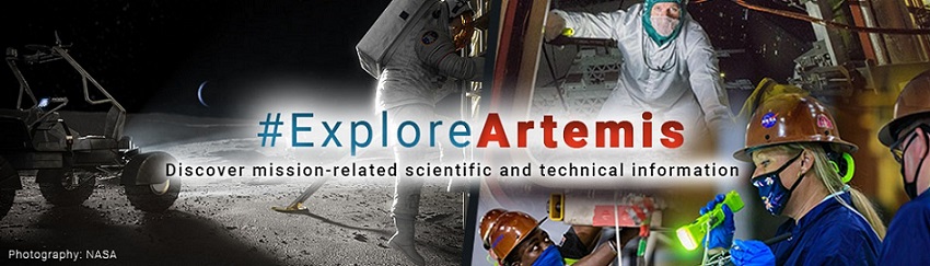 Explore Artemis Banner with image on left of surface of the moon with a rover and astronaut stepping into spacecraft and a collage of images on right showing NASA scientists working on Artemis projects